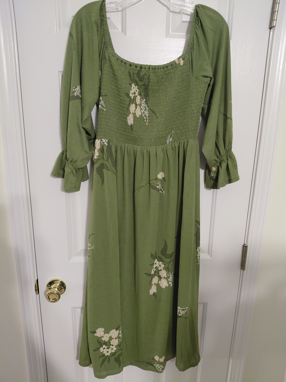 Sugarlips Olive Floral Smocked Midi Dress with Ruffled Sleeves